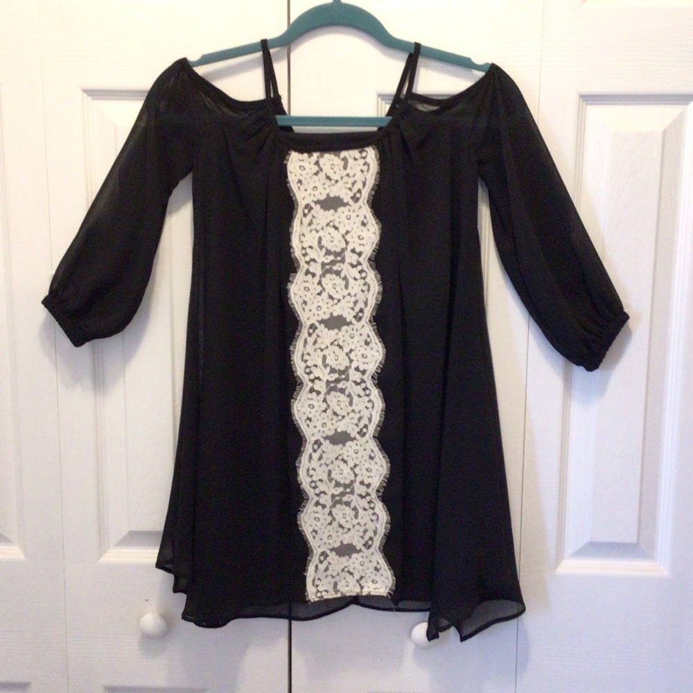 Bonnie Jean Girls Black Chiffon Layered Lace Panel Cold Shoulder Dress Size 8